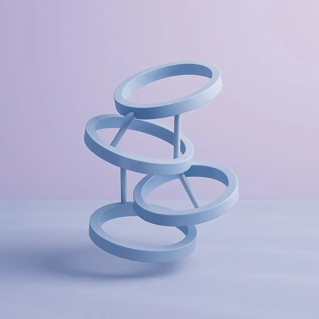 Abstract sculpture with four blue rings stacked and connected by rods on a purple background.