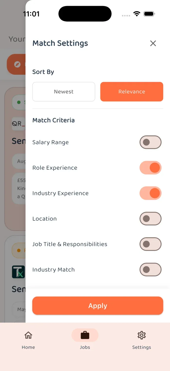 Job filters interface allowing detailed preference controls for matches