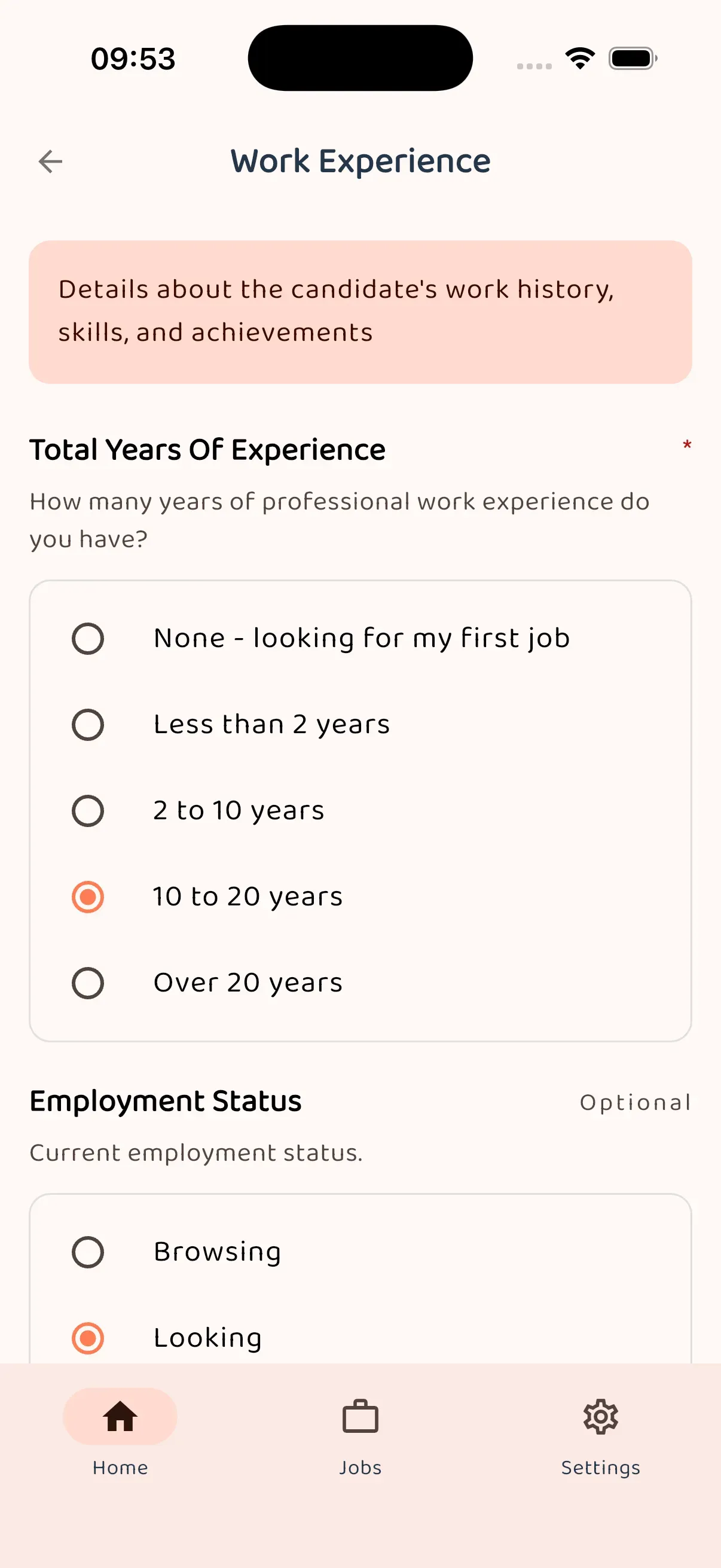 Complete candidate profile dashboard showing structured sections, completion tracking, and assessment results