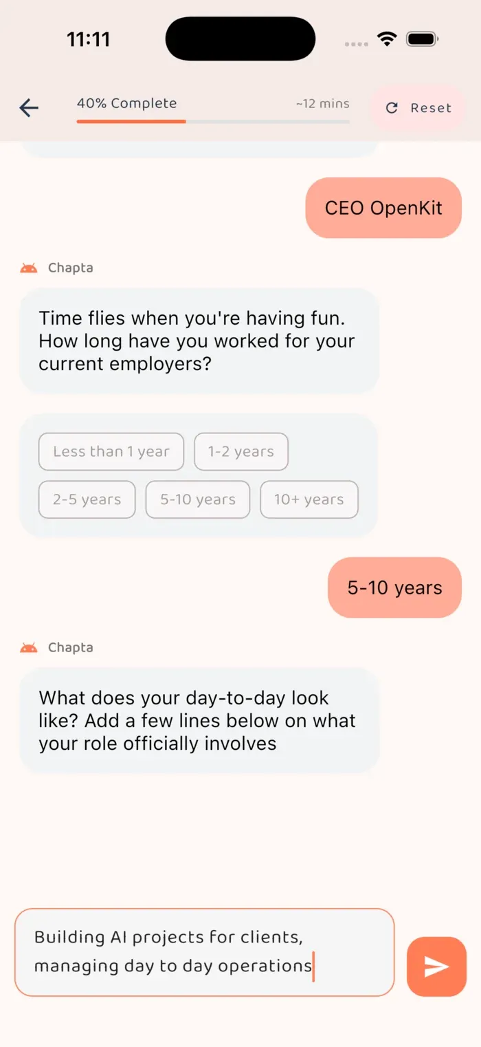 Conversational AI onboarding follow-up screen capturing additional candidate context