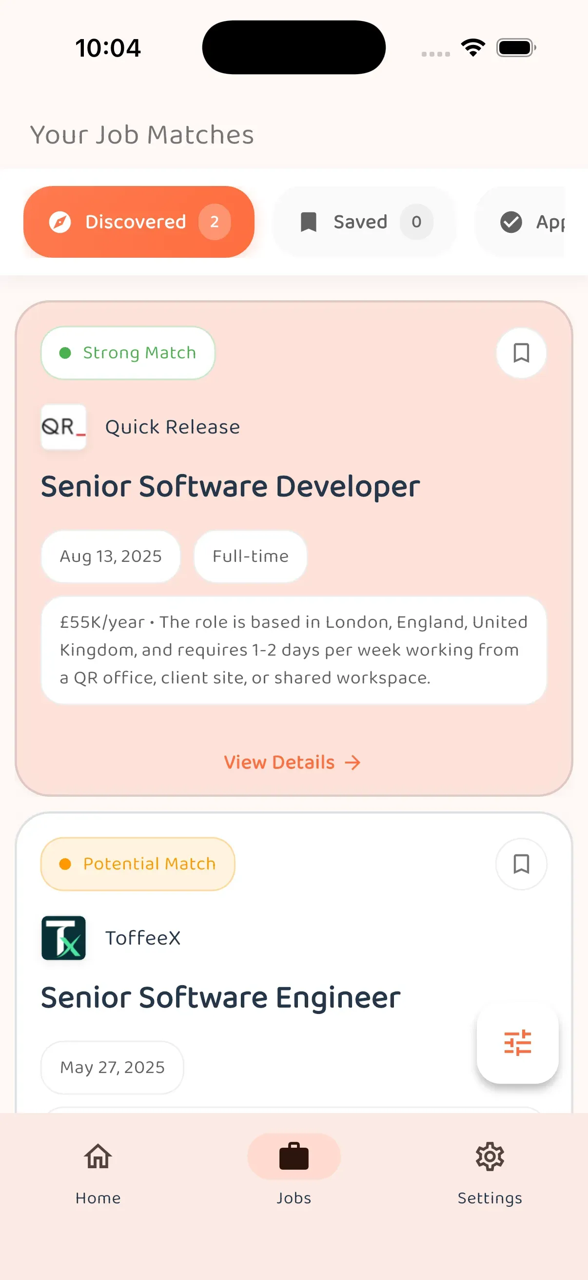 Job discovery interface showing matched opportunities with transparency ratings and match explanations
