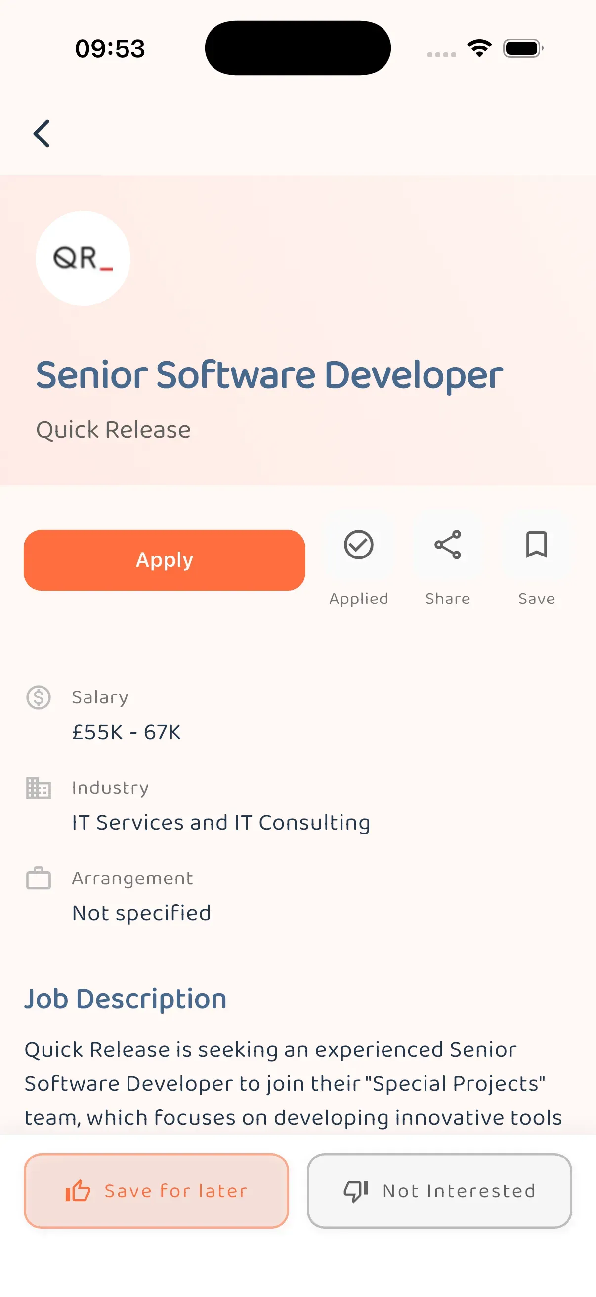Swipe-based job card interface showing intuitive interaction patterns for quick decision making