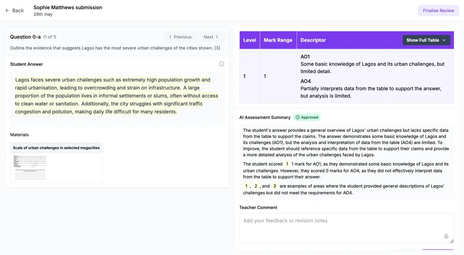 Rubrical's AI marking interface showing AI-generated feedback for a student's geography answer.